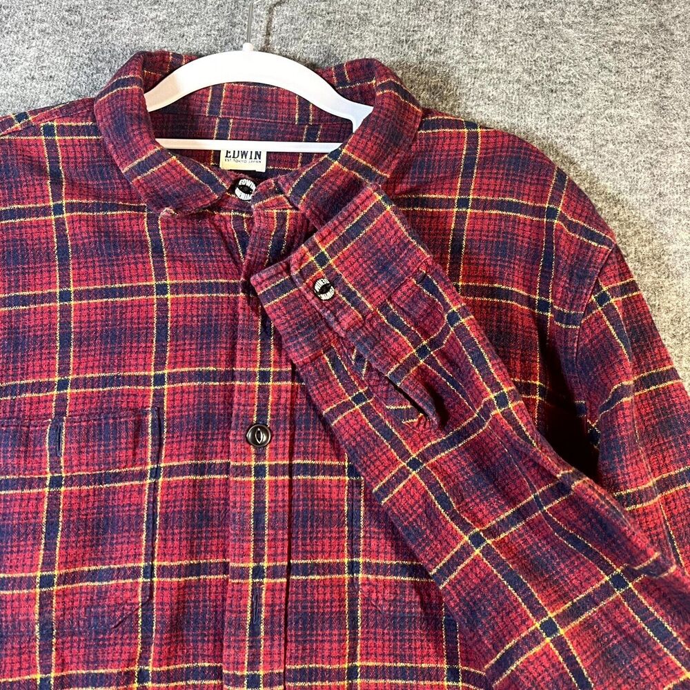EDWIN Shirt Mens L Red Navy White Check Labour Flannel Long Sleeve